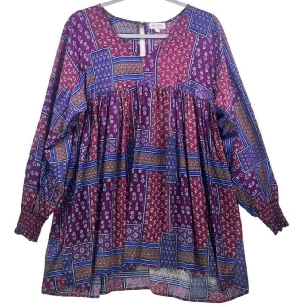 Velzera Boho Patchwork Print Peasant Tunic Dress Purple Blue Size S